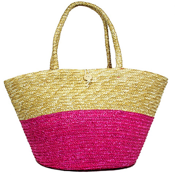 Straw Tote: Woven Wheat Straw Tote - 2 Tones - Fuchsia - BG-R11053FU